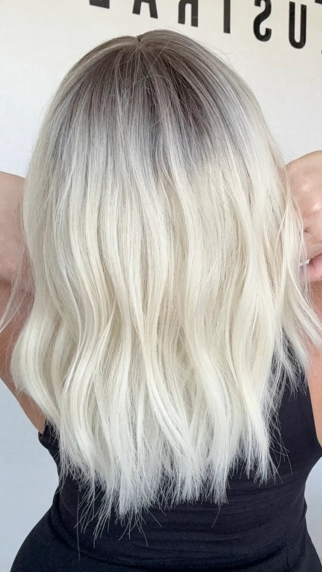 Platinum blonde hair with root, wavy fringe bob synthetic australia.