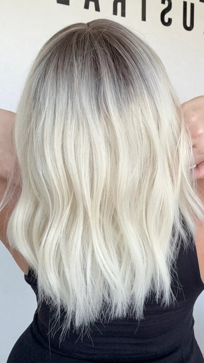 Platinum blonde hair with root, wavy fringe bob synthetic australia.