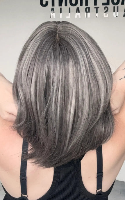 realistic bob wig salt and pepper colour, glueless wig for hairloss, back view.