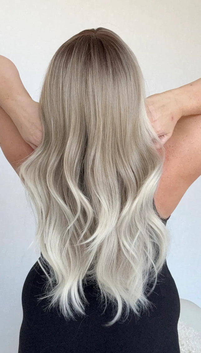 silver ombre, darker root, middle part, long hair synthetic australia, heat safe and glueless topper with fringe.