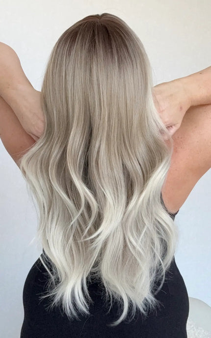 silver ombre, darker root, middle part, long hair synthetic australia, heat safe and glueless topper with fringe.