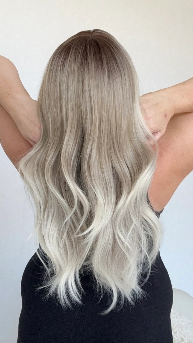 silver ombre, darker root, middle part, long hair synthetic australia, heat safe and glueless topper with fringe.