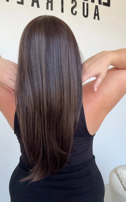 back view long straight hair synthetic wig dark brunette, australia gold coast wigs.