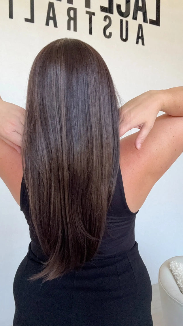 back view long straight hair synthetic wig dark brunette, australia gold coast wigs.
