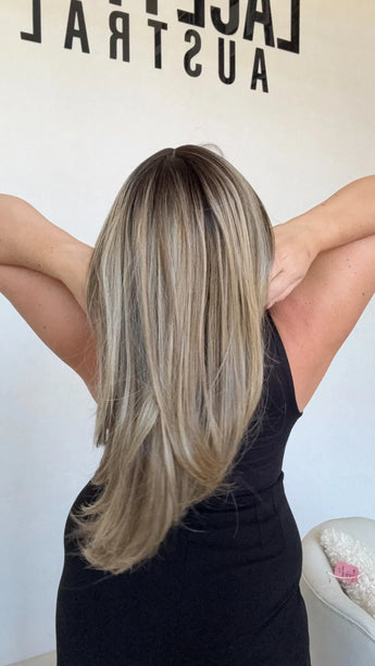 back view long layered hair, middle part heat safe wig, australia gold coast synthetic wigs.