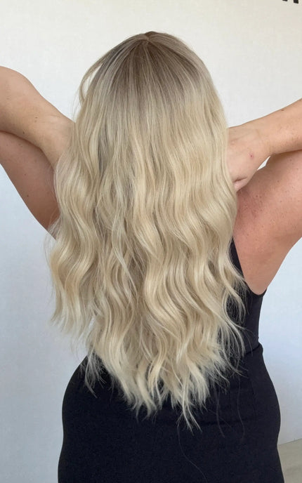 wavy blonde synthetic topper back view, synthetic hair toppers australia, gold coast.