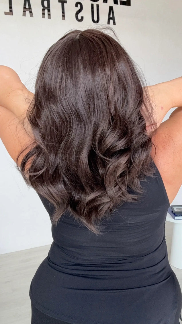 dark brunette t-part lace wig from back view.