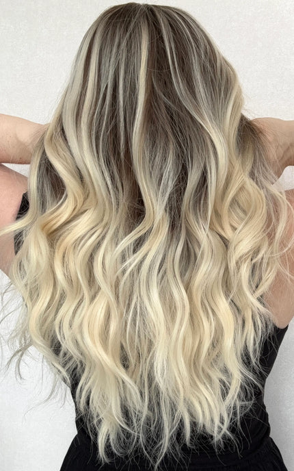 dimensional ash blonde and platinum, wavy synthetic wig australia.
