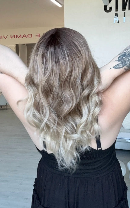 wavy 16 inch lace front wig with middle part and ash ombre colour for hairloss, alopecia.