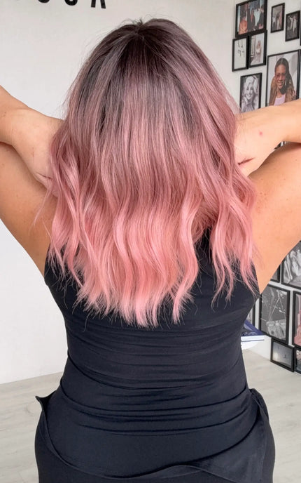 middle part, wavy pink hair with dark root, heat safe glueless wig.