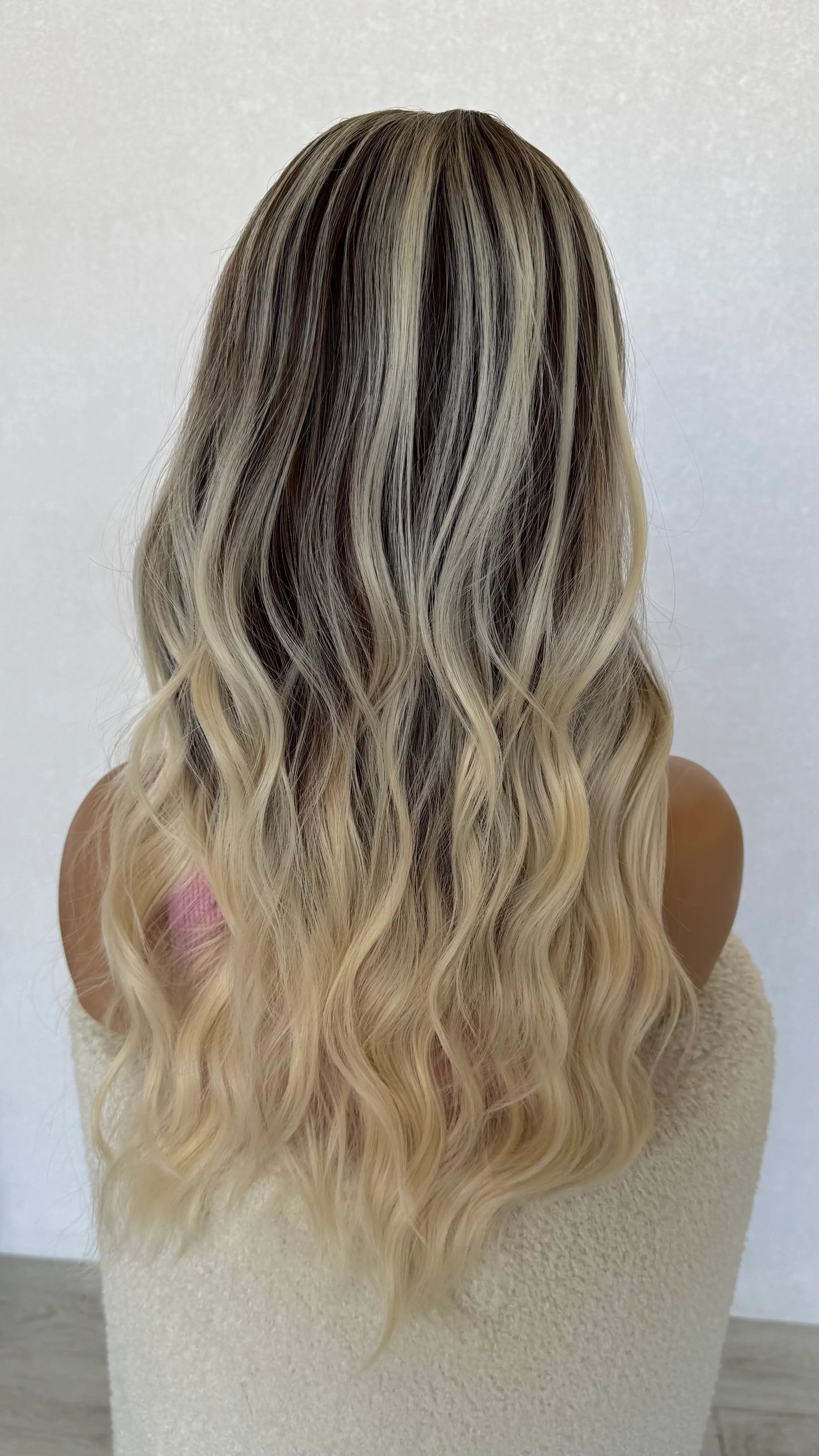 heat safe synthetic wig from behind, long wavy hair.