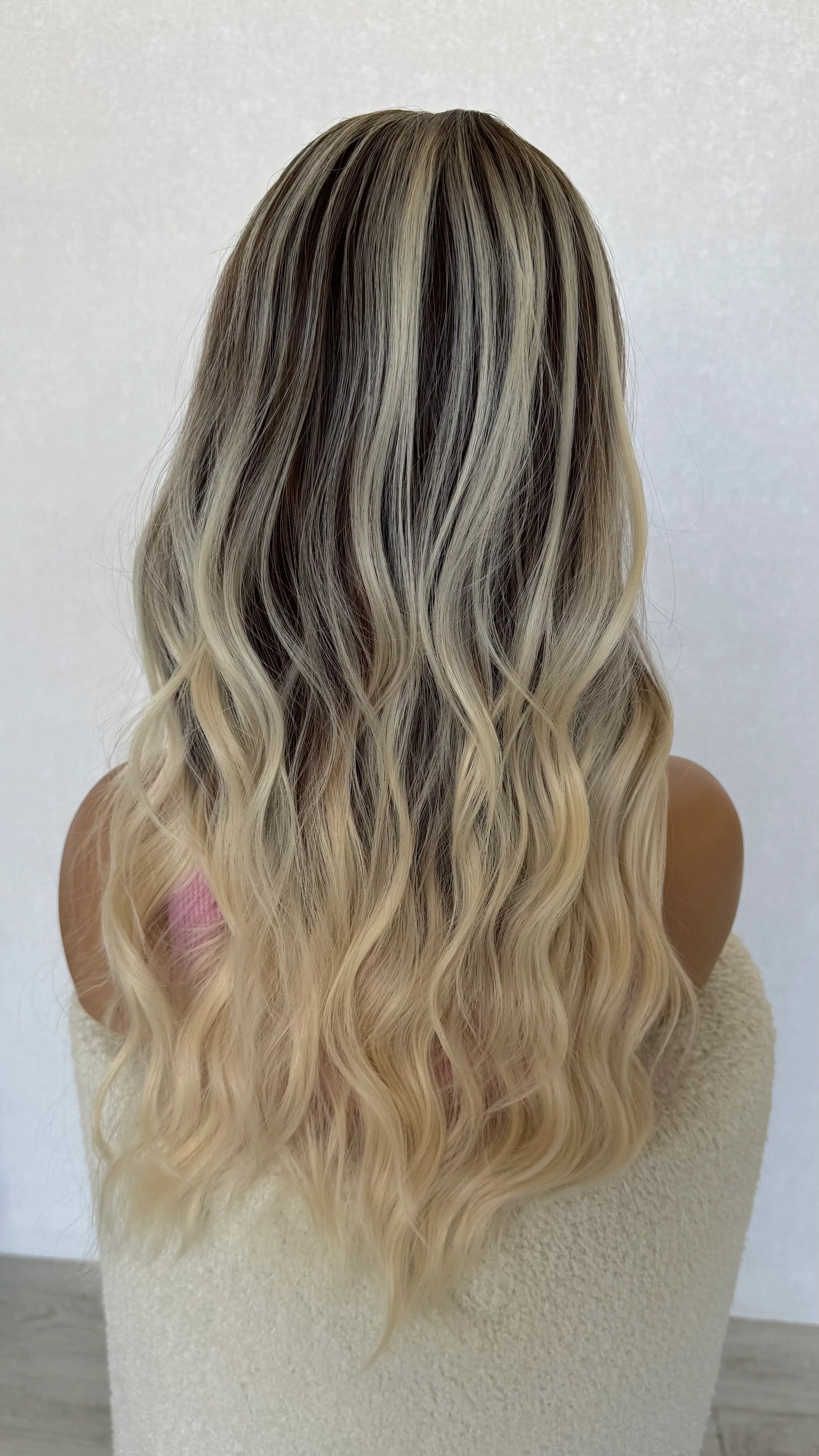 heat safe synthetic wig from behind, long wavy hair.