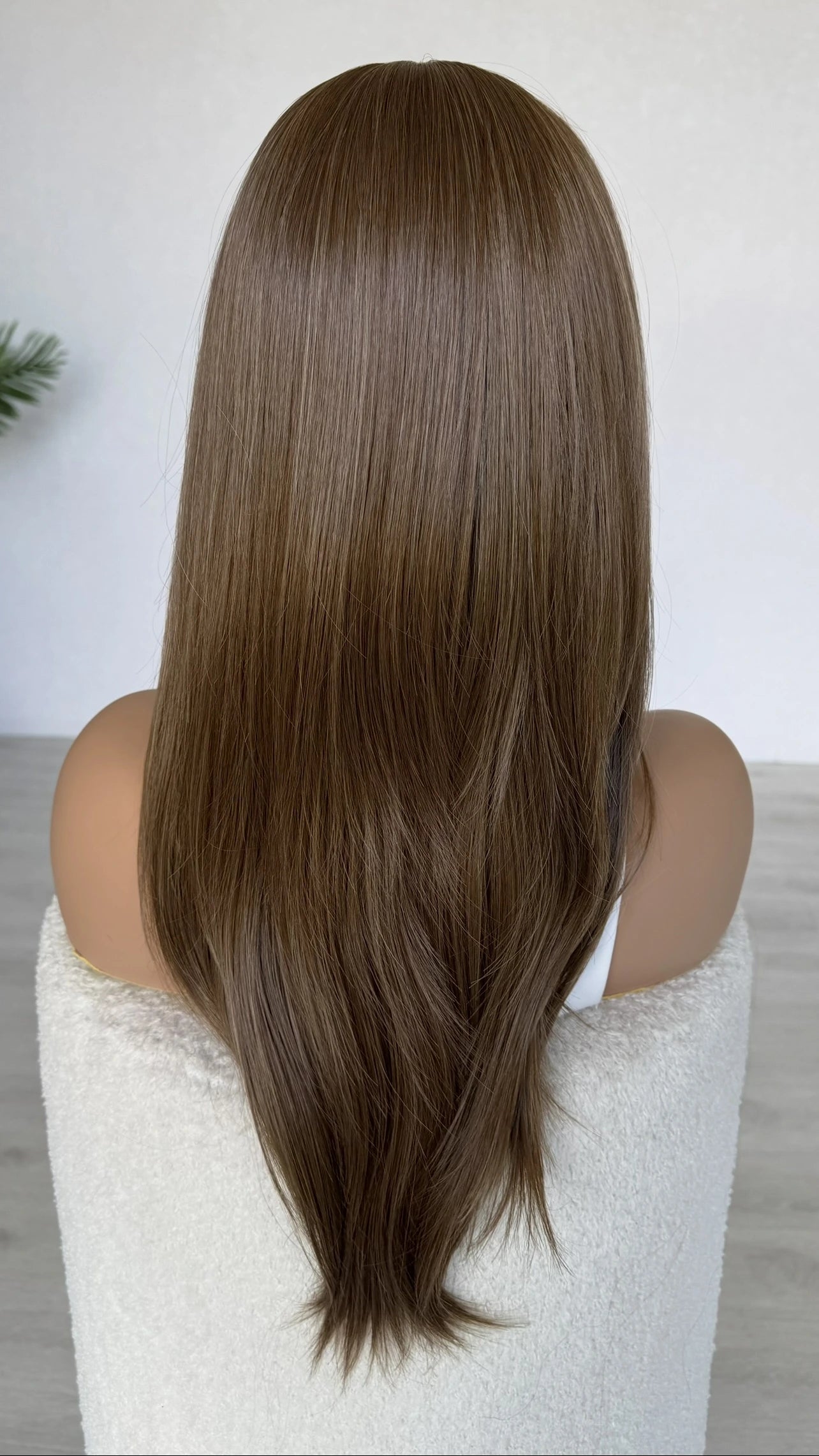 bakc view, long medium copper brown hair with light layers, long length hair, heat safe wig australia.
