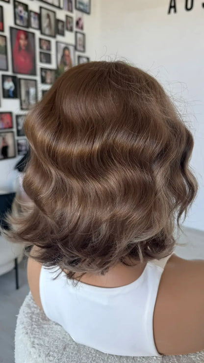 bakc view synthetic wig, 10-12 inch bob length . highlighted brown hair