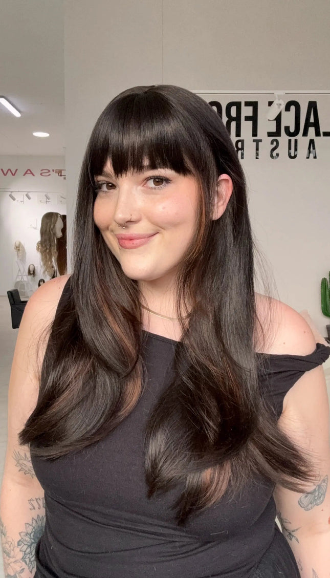 natural looking dark brunette synthetic wig with a glueless beginner cap, easy to wear.