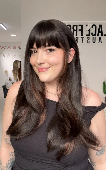 natural looking dark brunette synthetic wig with a glueless beginner cap, easy to wear.