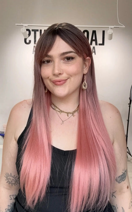long length pink ombre coloured hair synthetic wig with a glueless, easy to wear cap.