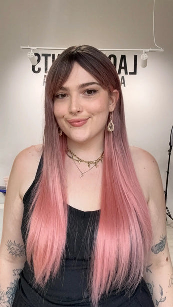 long length pink ombre coloured hair synthetic wig with a glueless, easy to wear cap.