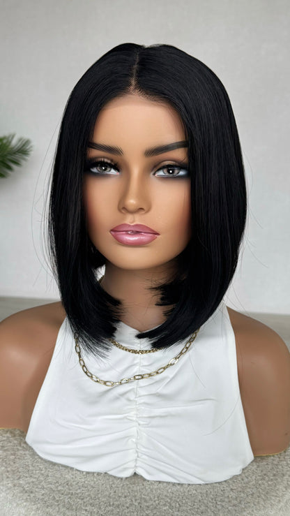 black 12 inch bob lacefront wig, concave blunt cut bob 