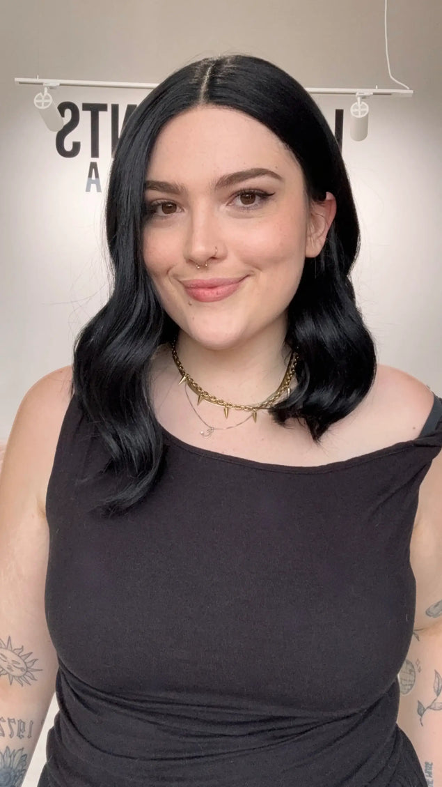 ready to wear, wavy black hair, middle part. gold coast australia natural synthetic wigs