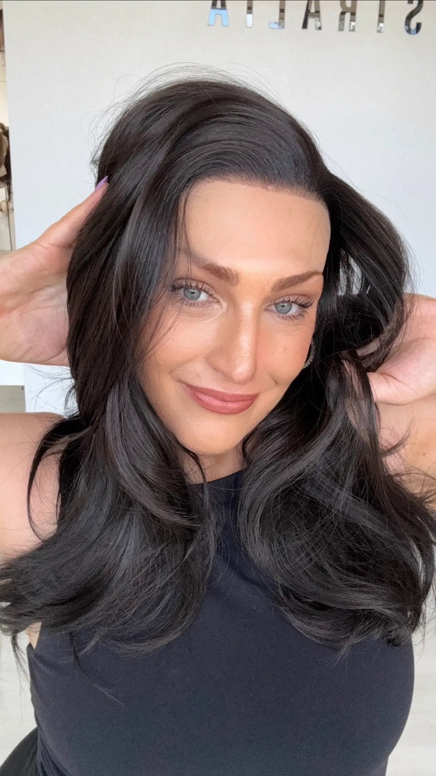 black layered hair natural looking lace front glueless wig, easy for everyday wear.