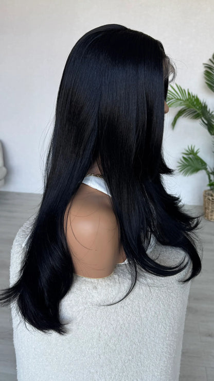 LONG BLACK  hair side view, layered hair.