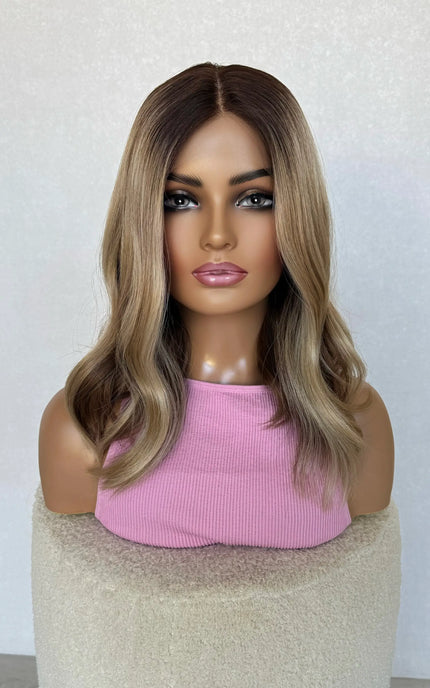 long bob caramel brunette with blonde on top, glueless lacefront wig australia