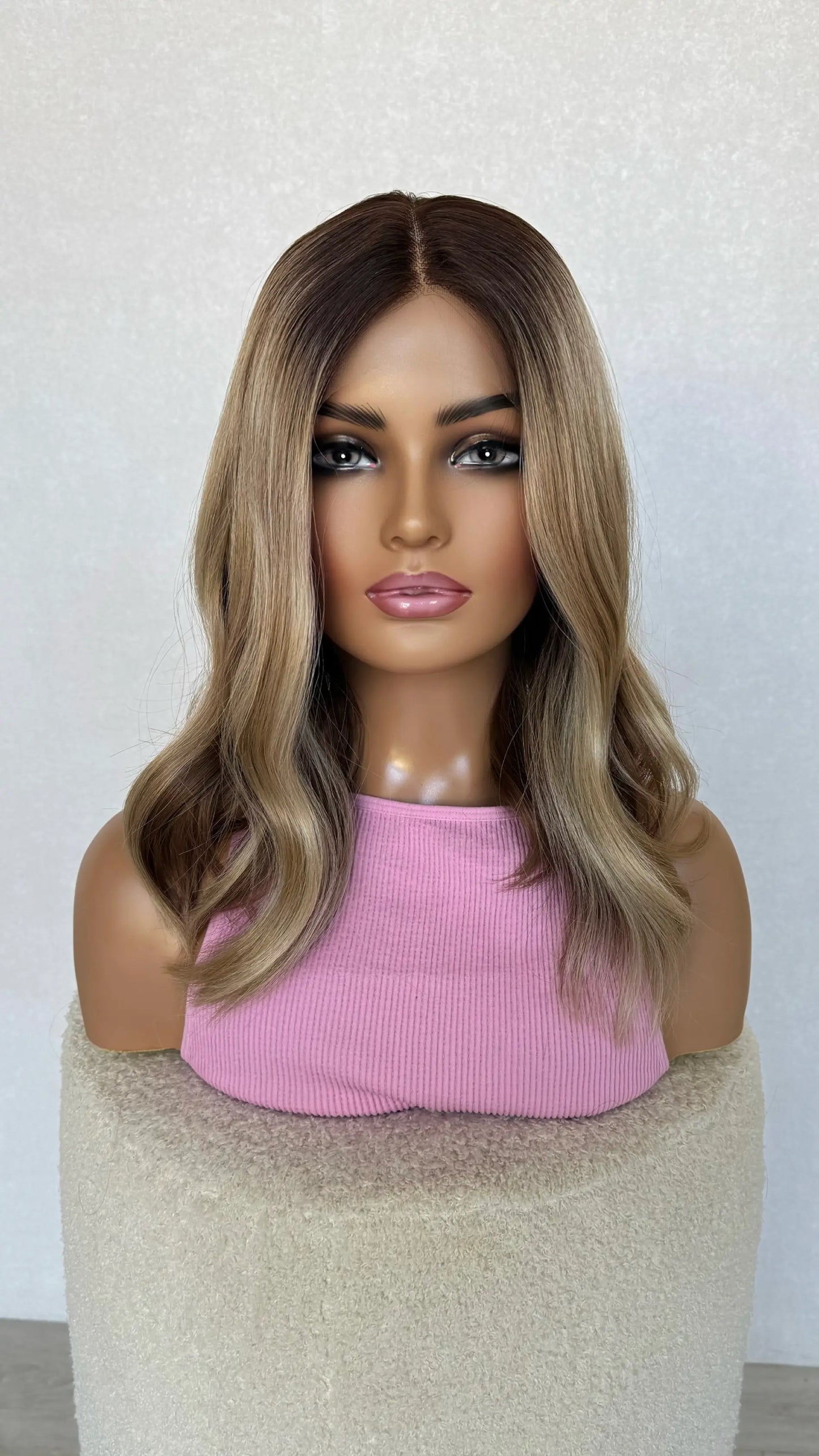 long bob caramel brunette with blonde on top, glueless lacefront wig australia