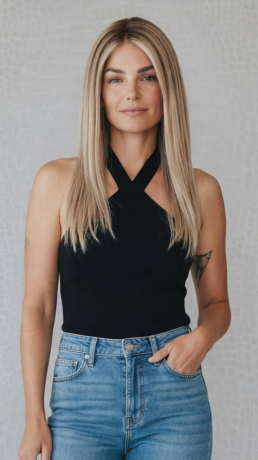 natural looking lace front blonde human hair wig.