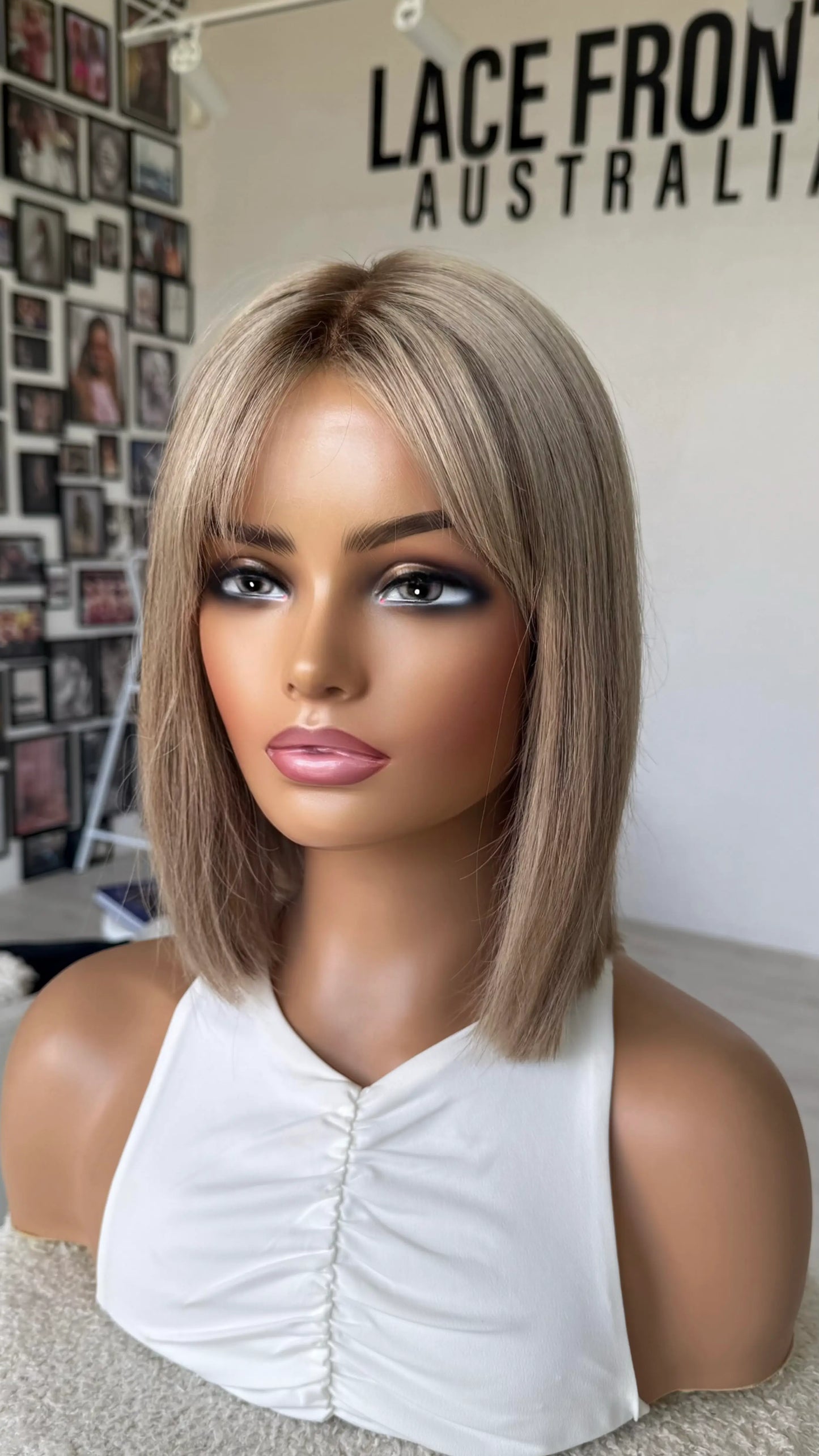human hair front wig, beige sandy blonde colour with dark root, bob length straight hair wig.