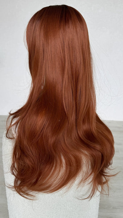 side view copper wig, long hair slight wave. heat safe synthetic wig.