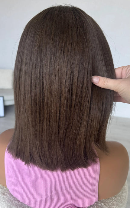 bob length brunette human hair lace wig for women with hairloss for daily wear.