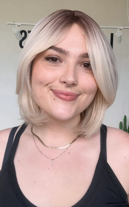 short blonde bob with middle part and dark root, glueless synthetic wig for hairloss