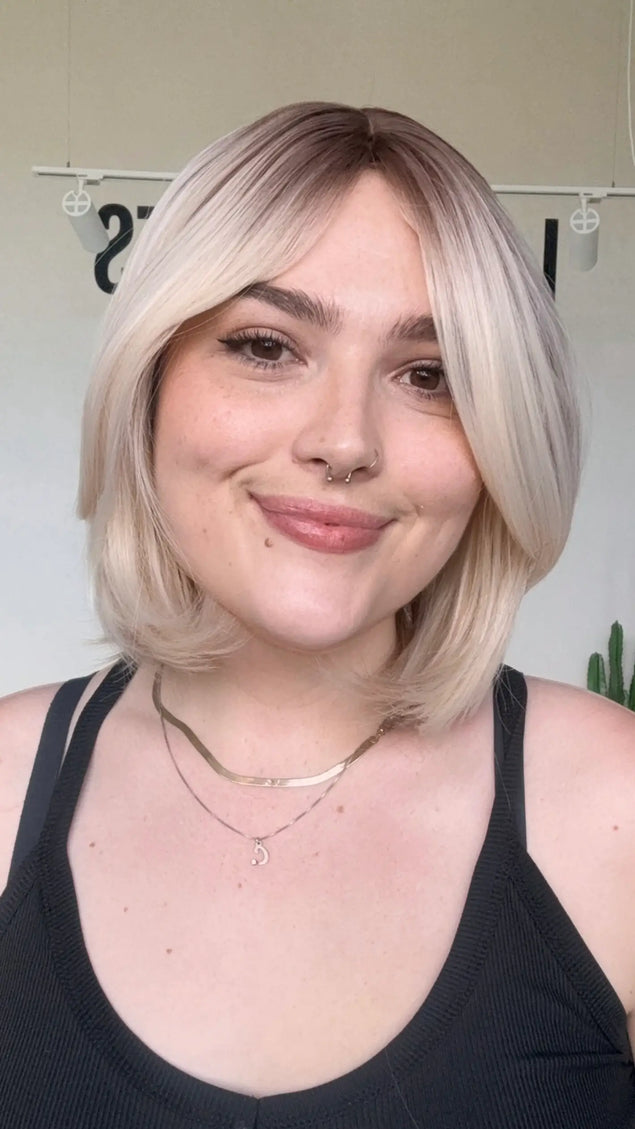 short blonde bob with middle part and dark root, glueless synthetic wig for hairloss