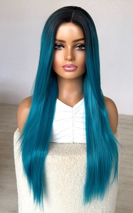 bright blue synthetic wig, fashion colour, synthetic wig heat safe