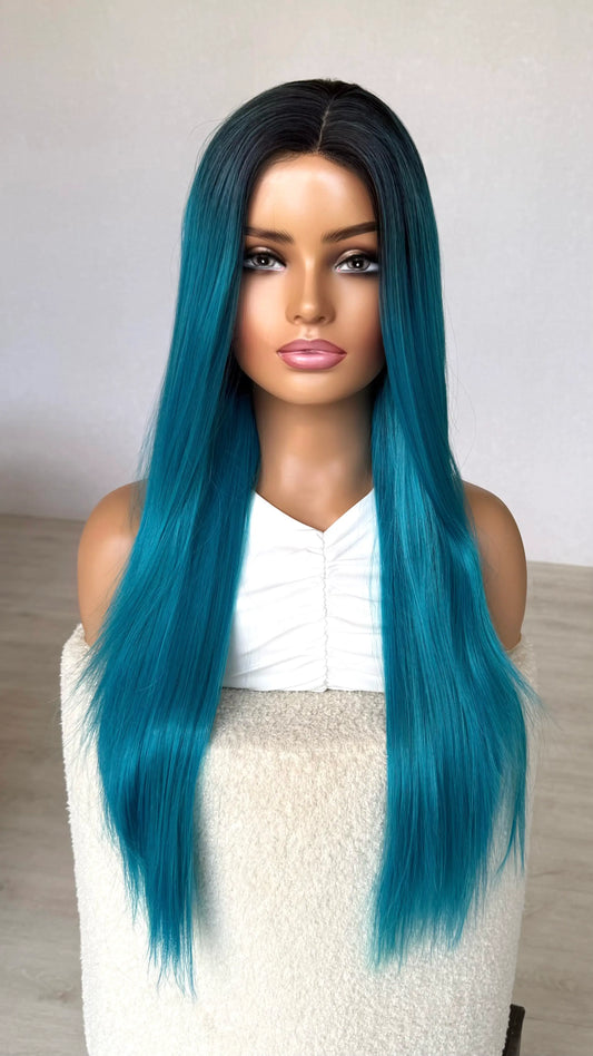 bright blue synthetic wig, fashion colour, synthetic wig heat safe