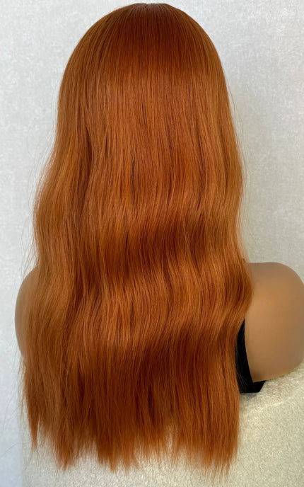 glueless heat safe synthetic wigs australia, wavy copper hair wig from back view.