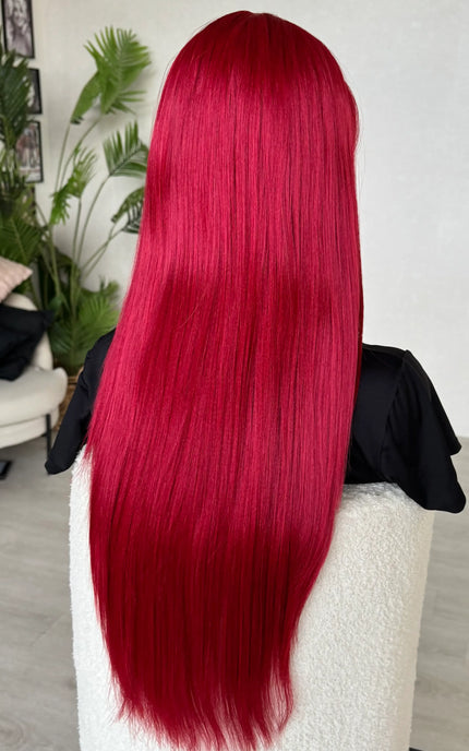 back view, long lacefront red synthetic