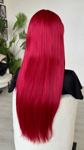 back view, long lacefront red synthetic