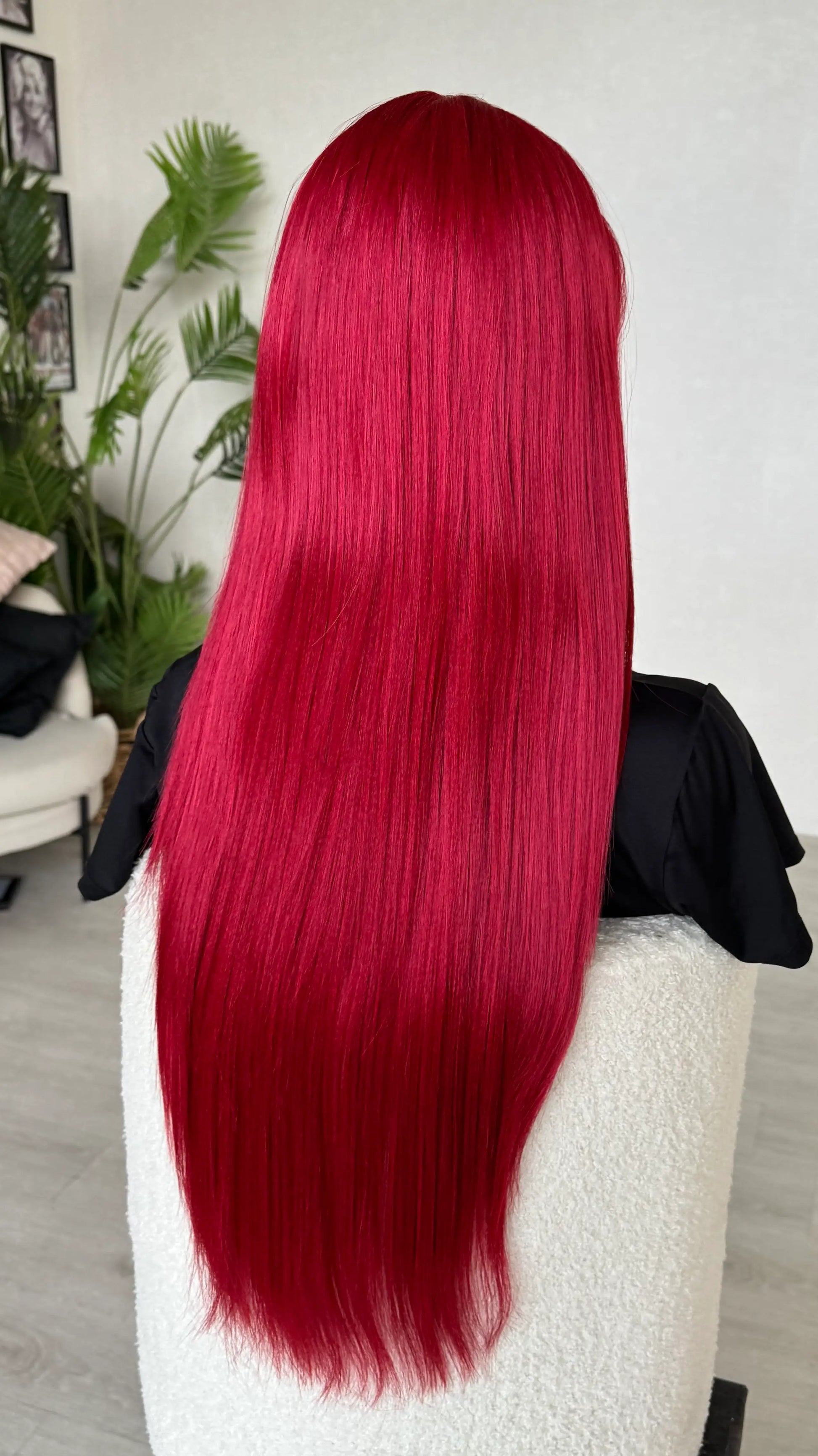 back view, long lacefront red synthetic