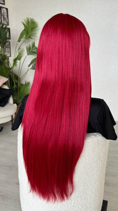 back view, long lacefront red synthetic