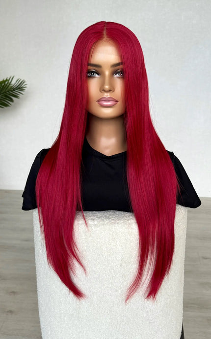 long red lacefront synthetic wig, middle part, heat safe hair.