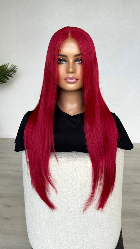 long red lacefront synthetic wig, middle part, heat safe hair.