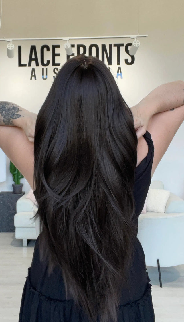 long layered dark brown synthetic wig for beginners.