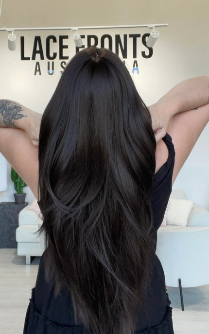 long layered dark brown synthetic wig for beginners.