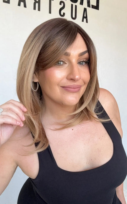 curtian bang layered wig, middle part, ombre golden brunette hair.