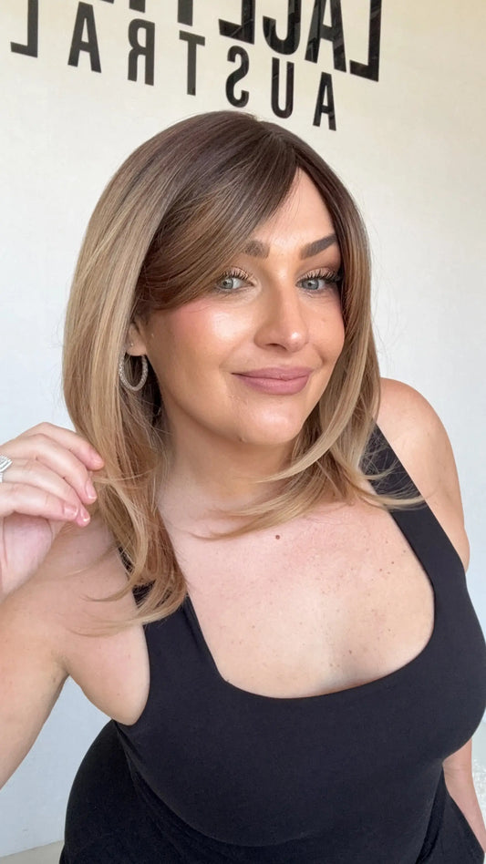 curtian bang layered wig, middle part, ombre golden brunette hair.