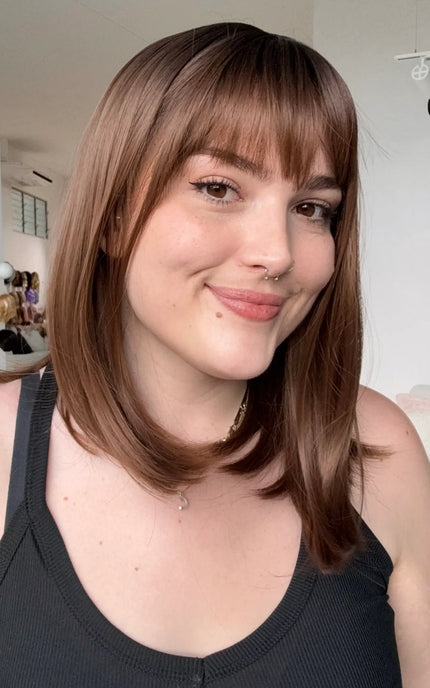 natural looking brunette long bob fringe synthetic wig for hairloss, alopecia.