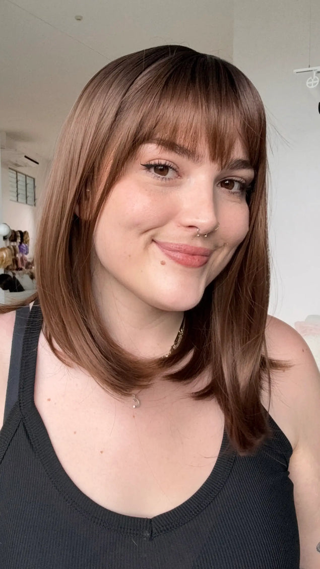 natural looking brunette long bob fringe synthetic wig for hairloss, alopecia.