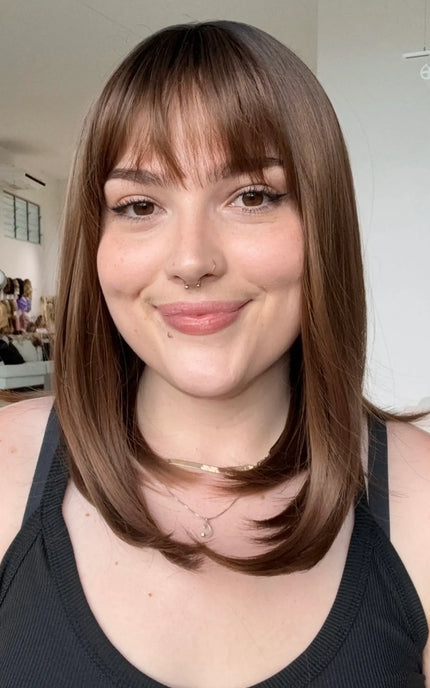 natural looking brunette ombre long bob synthetic wig.